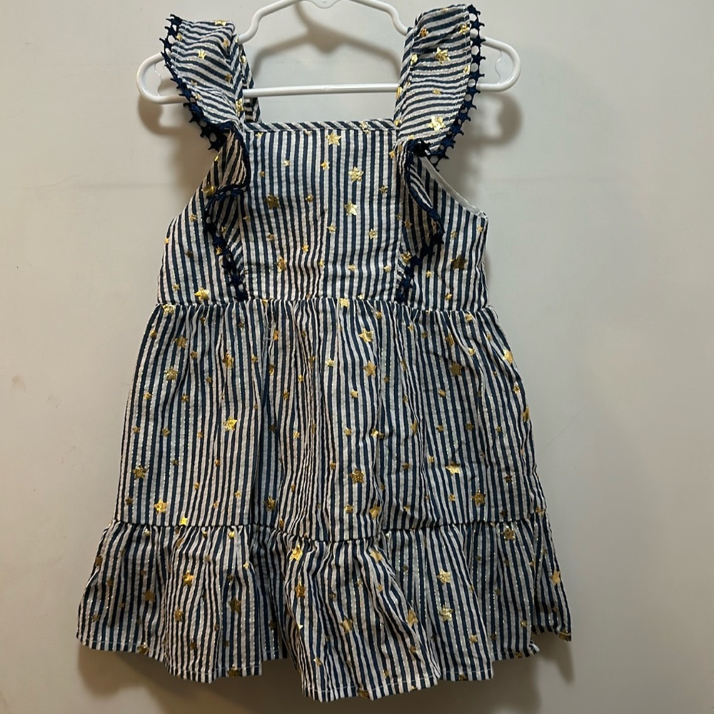 Stunning dress size 2t cat & Jack navy & off white striped dress with gold stars